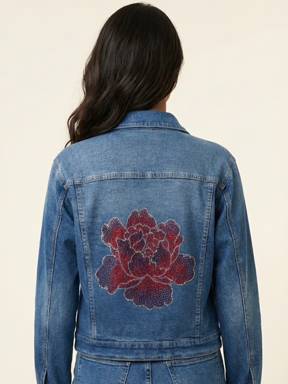 Luxury Crystal Rose Embellished Denim Jacket